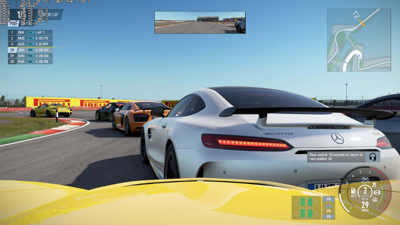 1366x768 Project Cars 2 桌布 壁紙 — 一輛白色 Mercedes-AMG GT R 在晴朗藍天下，與其他高性能賽車在陽光普照的賽道上緊密競速。
