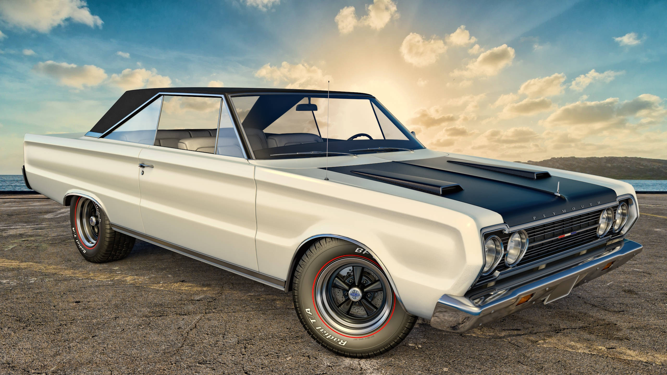 經典汽車 桌布 壁紙 — 一輛白色1960年代Plymouth GTX肌肉車，配備黑色引擎蓋和紅線輪胎，停在日落時分龜裂的瀝青路面上。