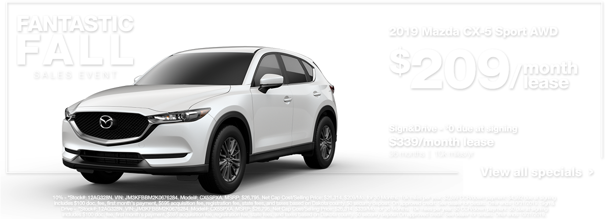 馬自達 桌布 壁紙 — 一輛白色2019年Mazda CX-5 Sport AWD在宣傳廣告中展示，並以粗體文字宣傳秋季銷售活動和租賃價格。