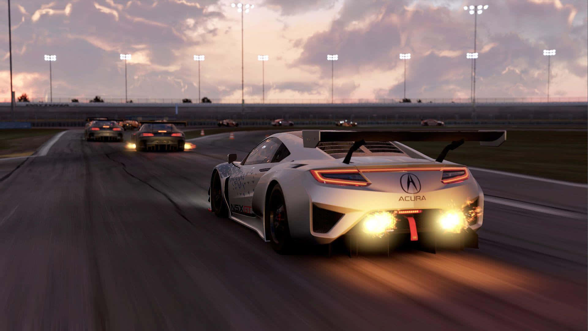 Best Project Cars 2 桌布 壁紙 — 一輛白色Acura賽車在黃昏時分在賽道上疾馳，尾燈發光，其他賽車手在體育場燈光下緊隨其後。