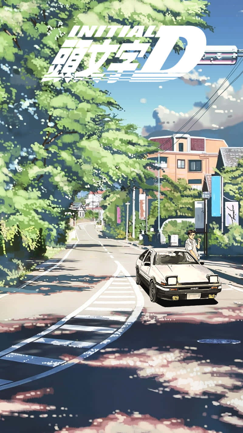 電玩遊戲 桌布 壁紙 — 一輛白色AE86在陽光明媚的郊區道路上飄移，道路兩旁綠樹成蔭，還有粉彩色的房屋，上方是明亮的藍天。