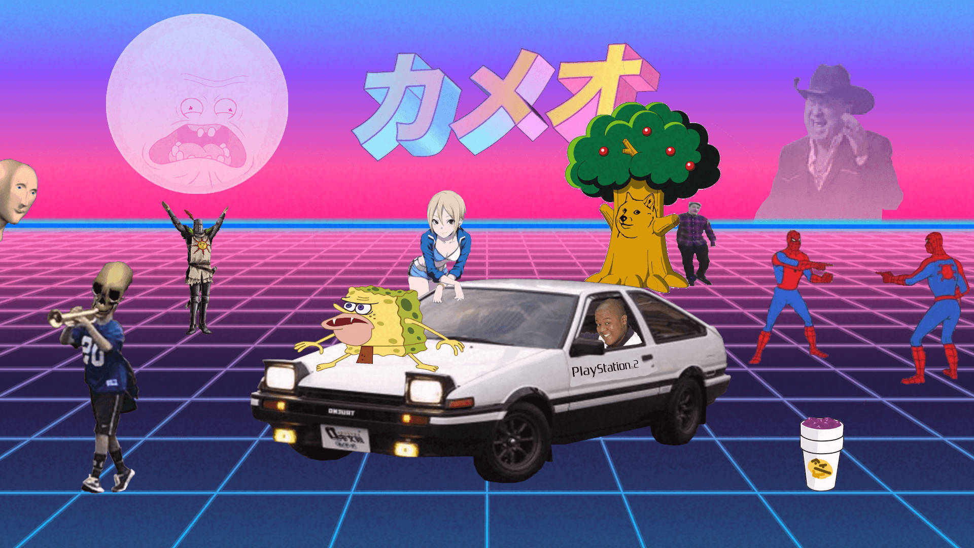 faces 桌布 壁紙 — 一輛白色AE86漂移車載著海綿寶寶，在粉紫色天空下穿過帶有動漫角色和流行文化圖標的霓虹網格。