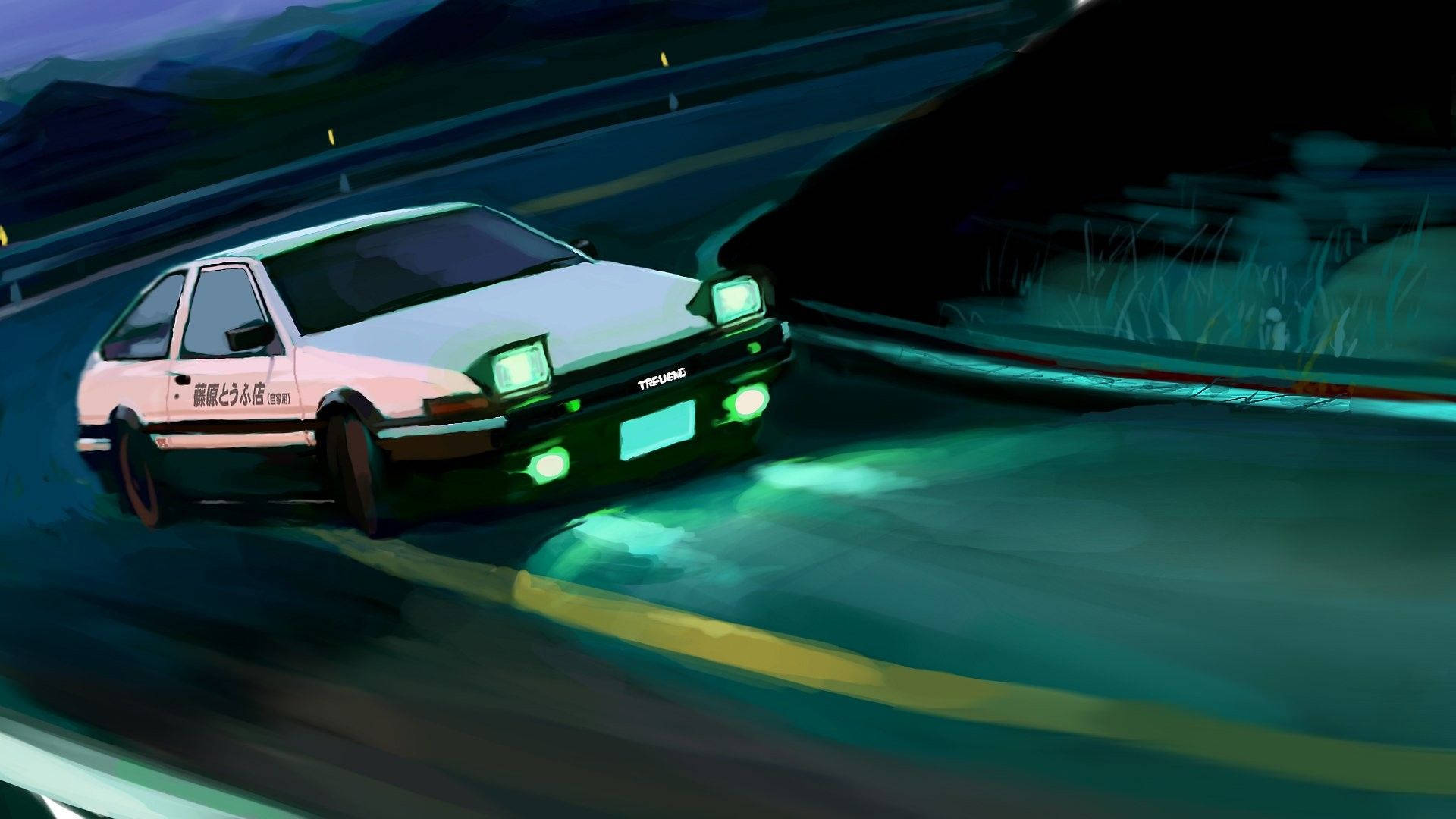 Initial 桌布 壁紙 — 一輛白色AE86跑車亮著發光的頭燈，在漆黑的夜空下沿著蜿蜒的山路夜間奔馳。