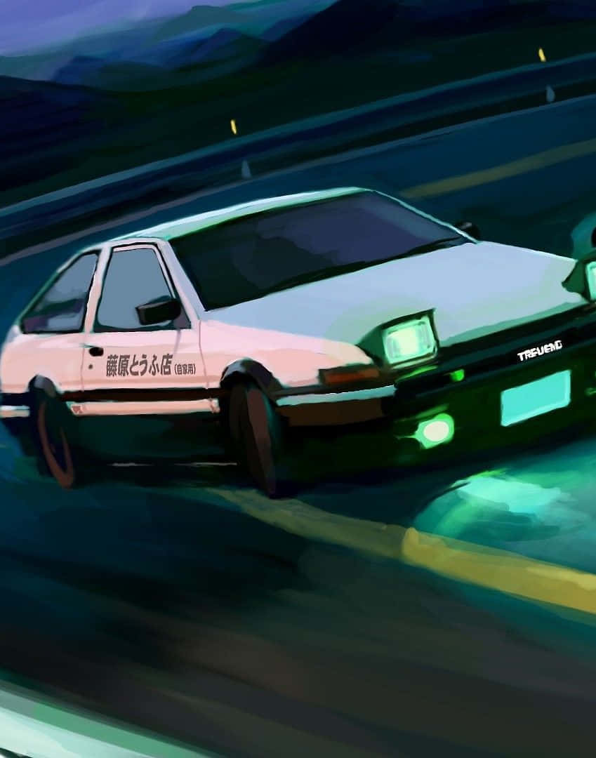 漫畫gif 桌布 壁紙 — 一輛白色AE86跑車在夜間沿著蜿蜒的山路疾馳，明亮的車頭燈劃破黑暗。
