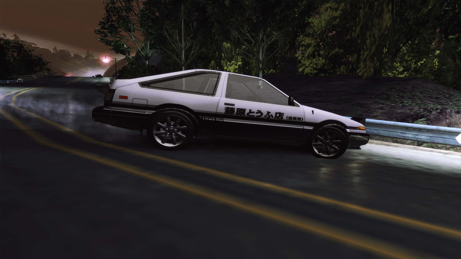 白色AE86在夜間濕滑道路上漂移，帶有輪胎煙霧和街燈。 — Toyota Supra Mk4 壁紙