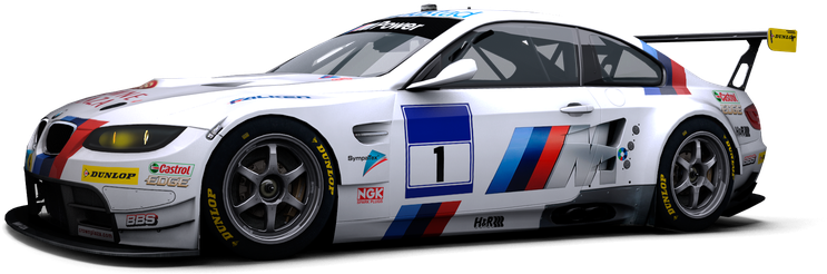 BMW 動圖 桌布 壁紙 — 一輛白色BMW賽車，帶有藍紅條紋和數字一，背景為黑色。