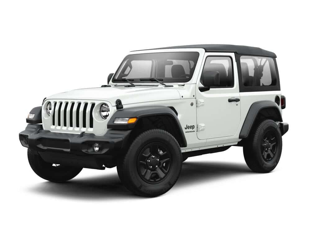 吉普 桌布 壁紙 — 一輛白色Jeep Wrangler，帶有黑色飾邊和軟頂，孤立在乾淨的白色背景上。