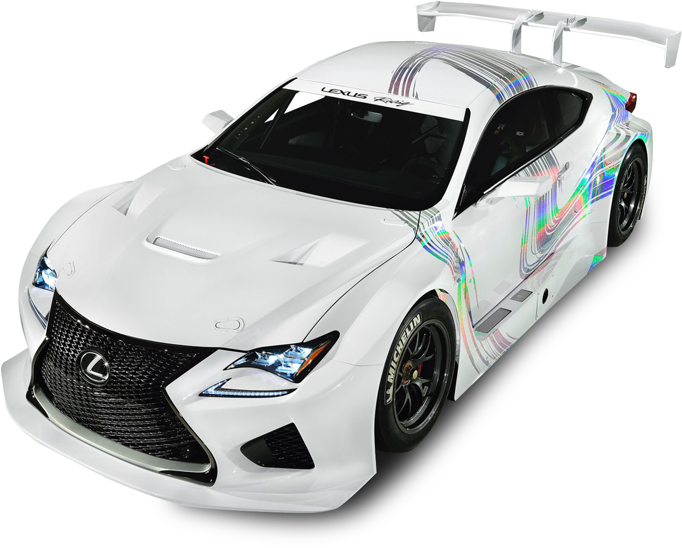 凌志 桌布 壁紙 — 一輛白色Lexus RC F賽車，帶有鮮豔的彩虹漩渦貼花和大型後翼，背景為黑色。