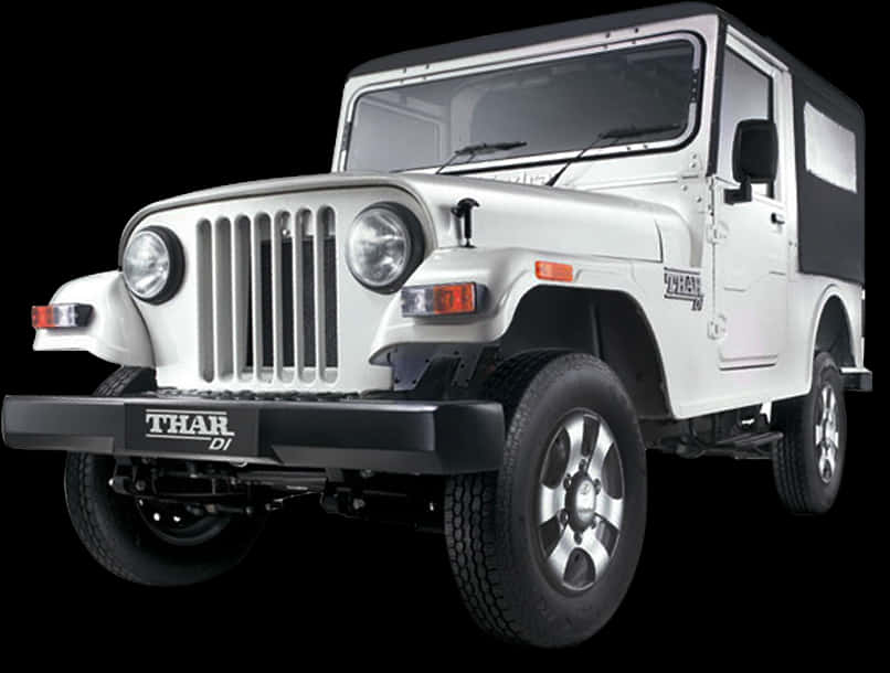 Thar 桌布 壁紙 — 一輛白色Mahindra Thar DI吉普車，帶有黑色飾件和銀色輪圈，在純黑色背景下傲然挺立。
