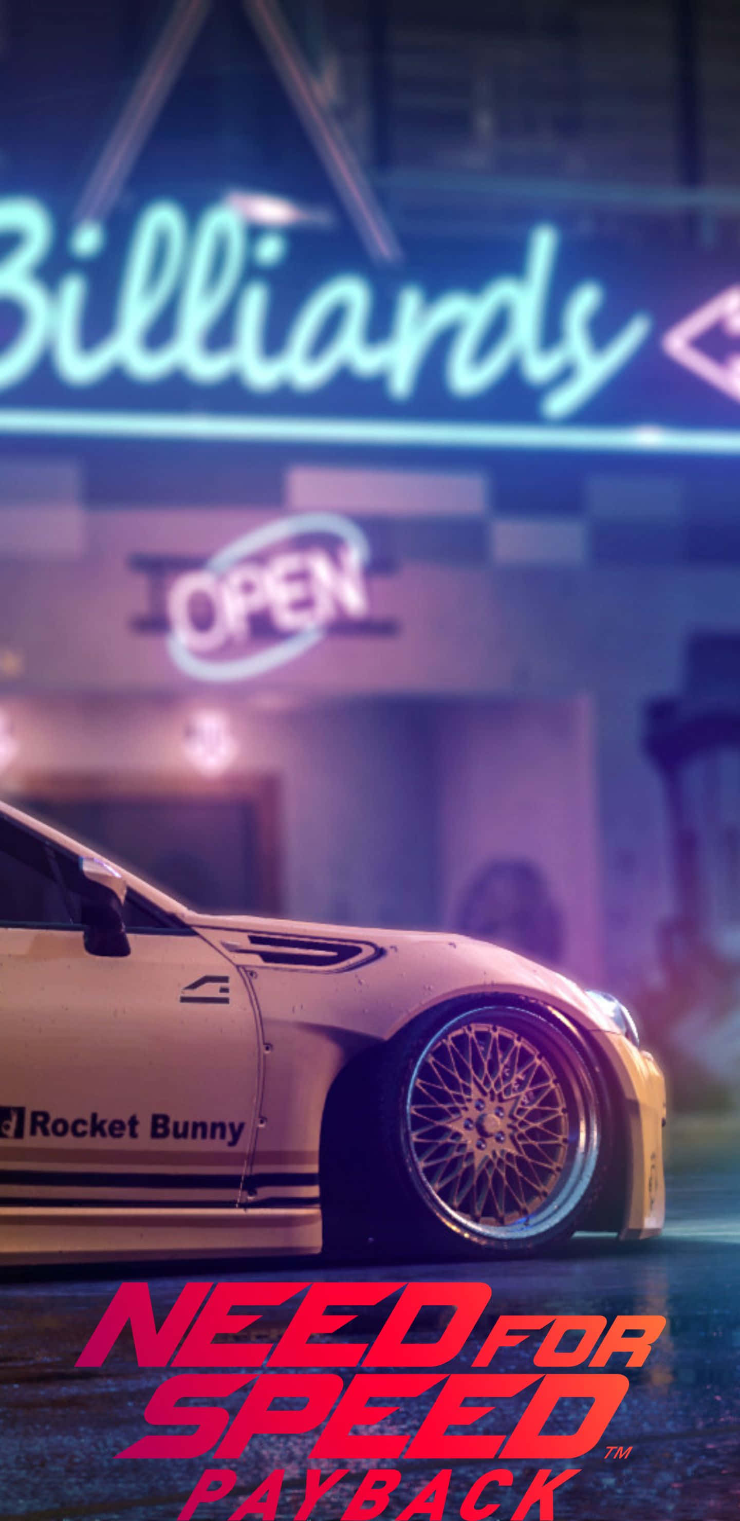 Pixel 3xl Need For Speed Payback 桌布 壁紙 — 一輛白色Rocket Bunny飄移車停放在雨中都市夜景中發光的霓虹燈牌下。