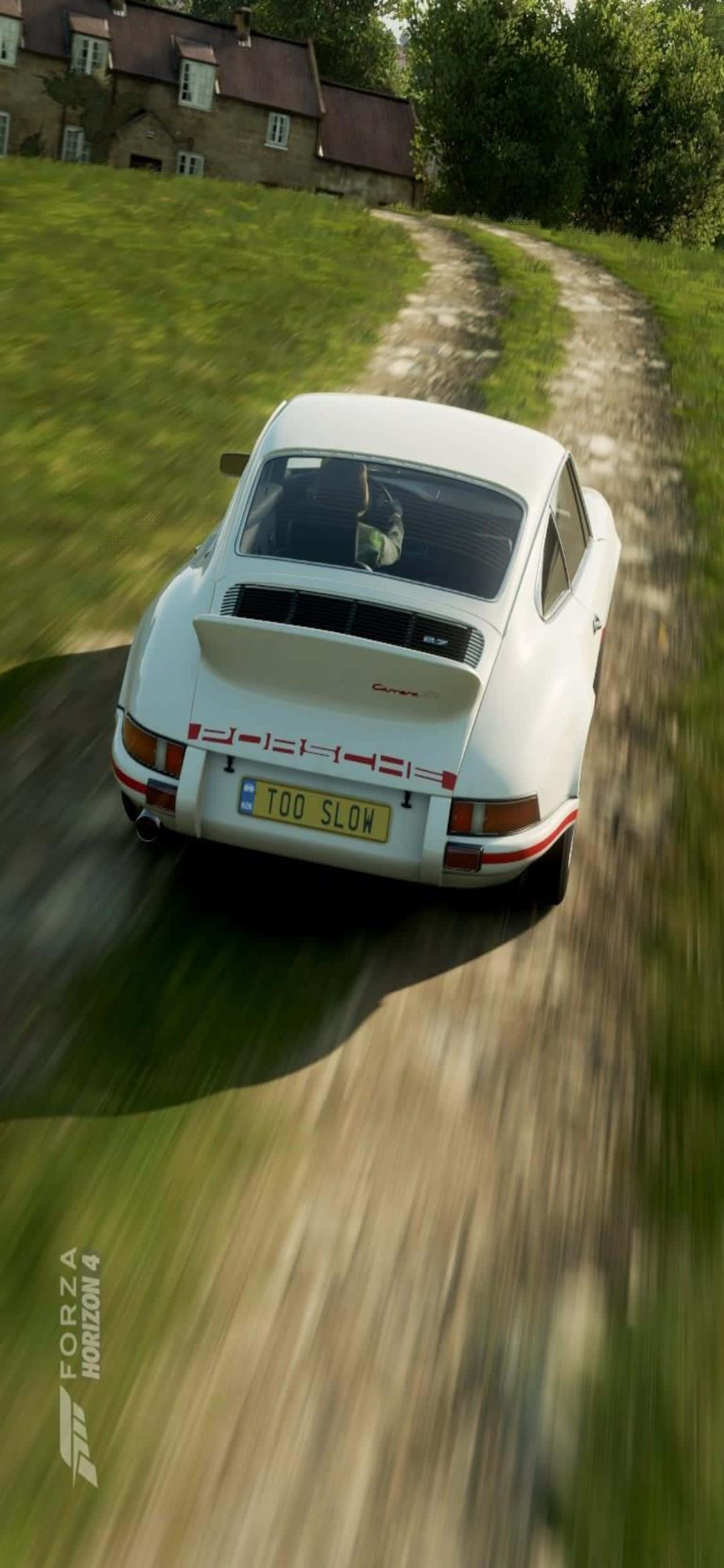 iPhone Xs Forza Horizon 4 桌布 壁紙 — 一輛白色保時捷 911 GT1 在明亮的日光下，沿著一條蜿蜒的鄉村泥土路疾駛，兩旁是綠草和石屋。
