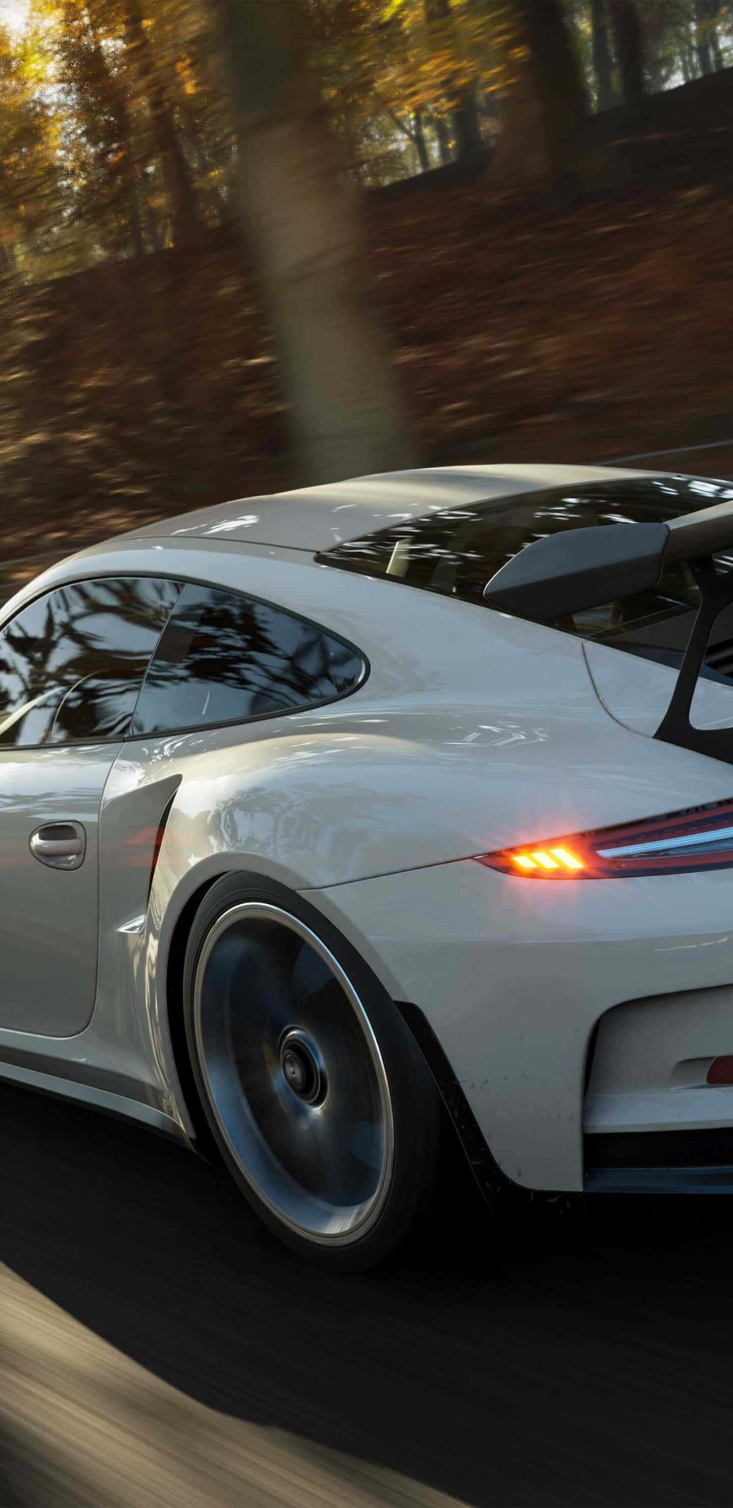 Pixel 3xl Forza Horizon 4 桌布 壁紙 — 一輛白色保時捷911 GT3 RS在金色的秋林中疾馳，帶有模糊的動態和發光的尾燈。