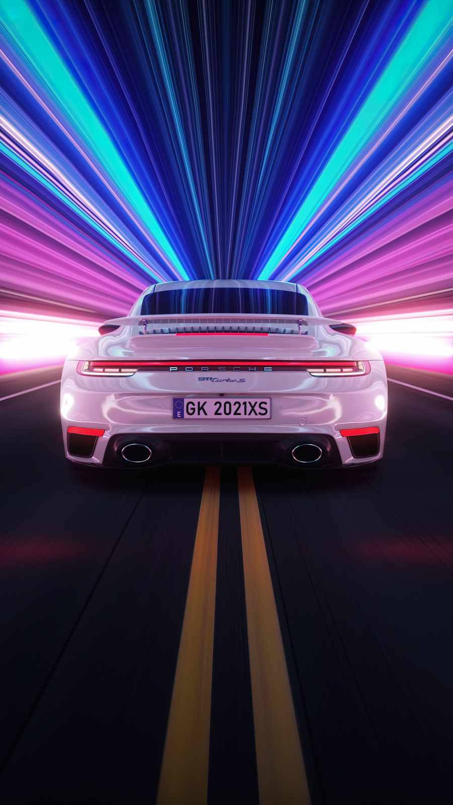 speeding car 桌布 壁紙 — 一輛白色保時捷跑車在黑暗的道路上向前飛馳，車尾散發出鮮豔的藍色和紫色光條。