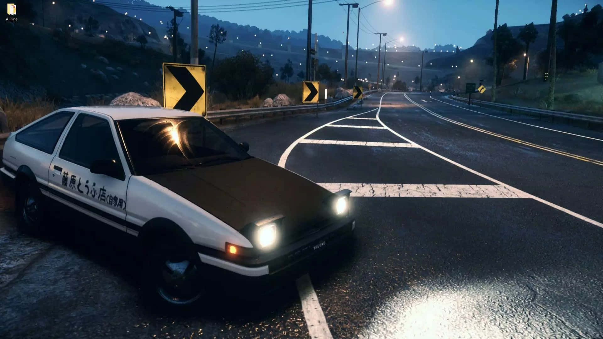 白色和棕色的AE86跑車在夜間行駛在潮濕的道路上，有路燈和山丘。 — Toyota Supra Mk4 壁紙
