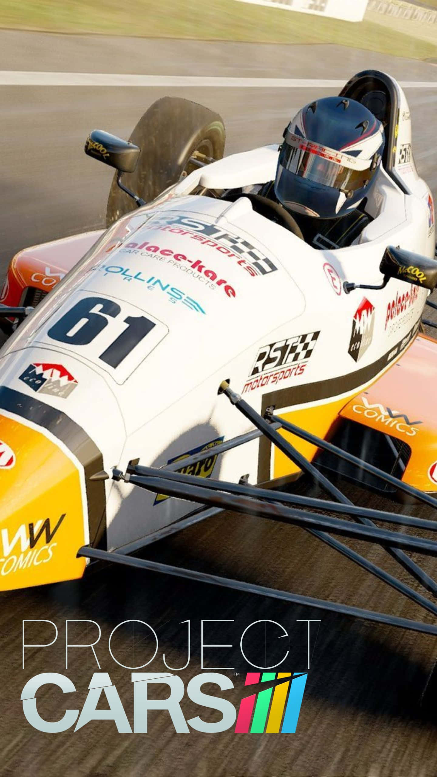 Android Project Cars 桌布 壁紙 — 一輛白色和橙色的賽車，編號61，在賽道上疾馳，車手戴著頭盔清晰可見。