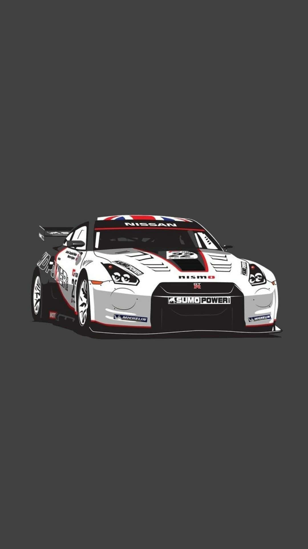 JDM 桌布 壁紙 — 一輛白色和紅色的日產GT-R賽車帶有'Sumo Power'品牌標誌，立於深灰色背景前。