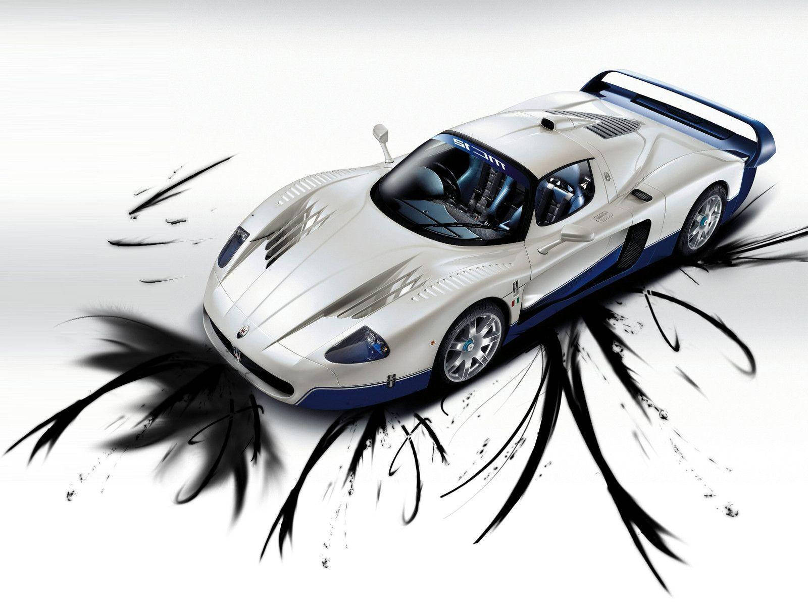 瑪莎拉蒂 桌布 壁紙 — 一輛白色和藍色的Maserati MC12超級跑車，在純白色背景上，輪胎散發出動態的黑色筆觸效果。