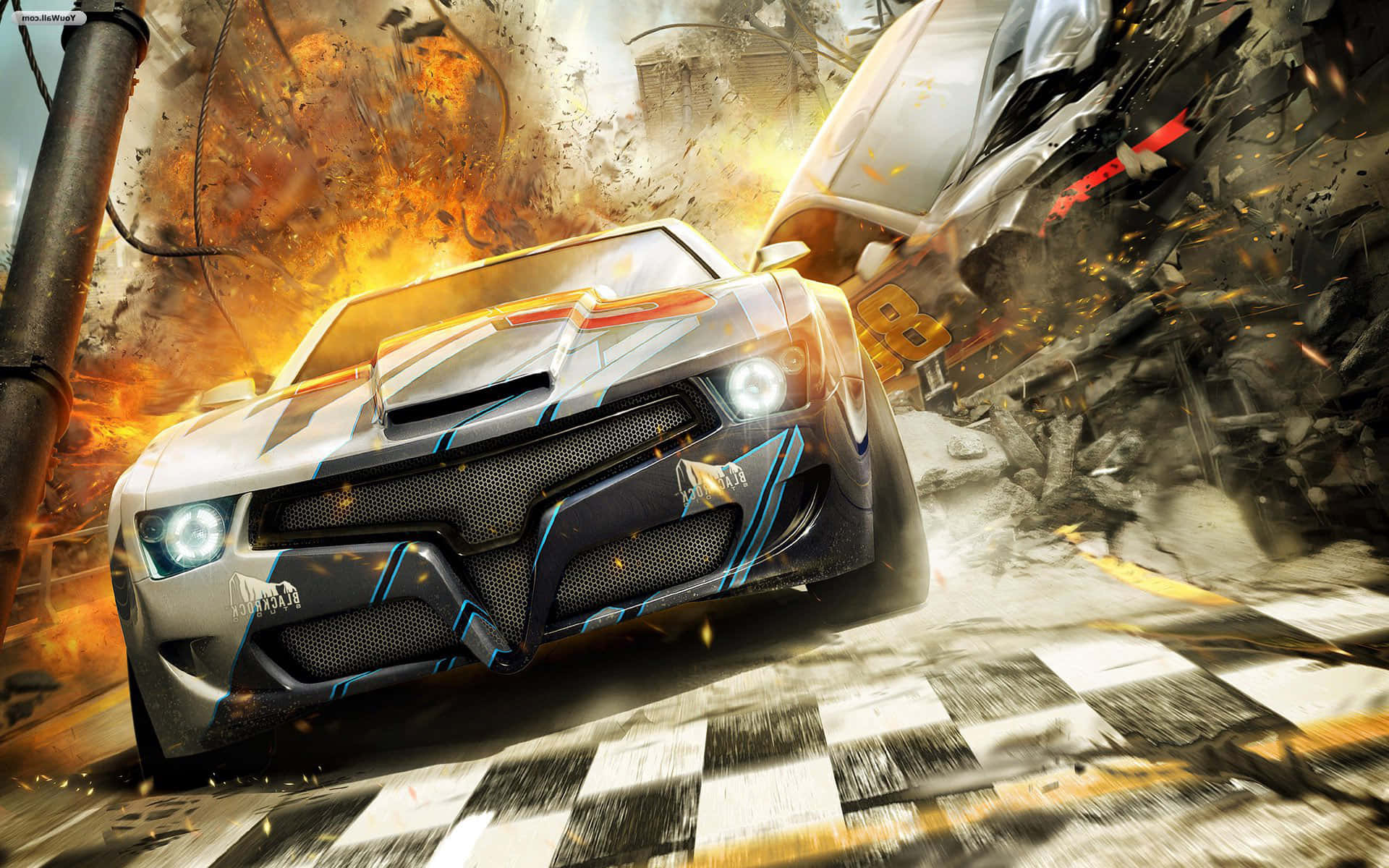 3d Gaming 桌布 壁紙 — 一輛白色和藍色的賽車在方格賽道上飛馳，爆炸和碎片在周圍飛舞，上演一場高辛烷值的撞車場面。