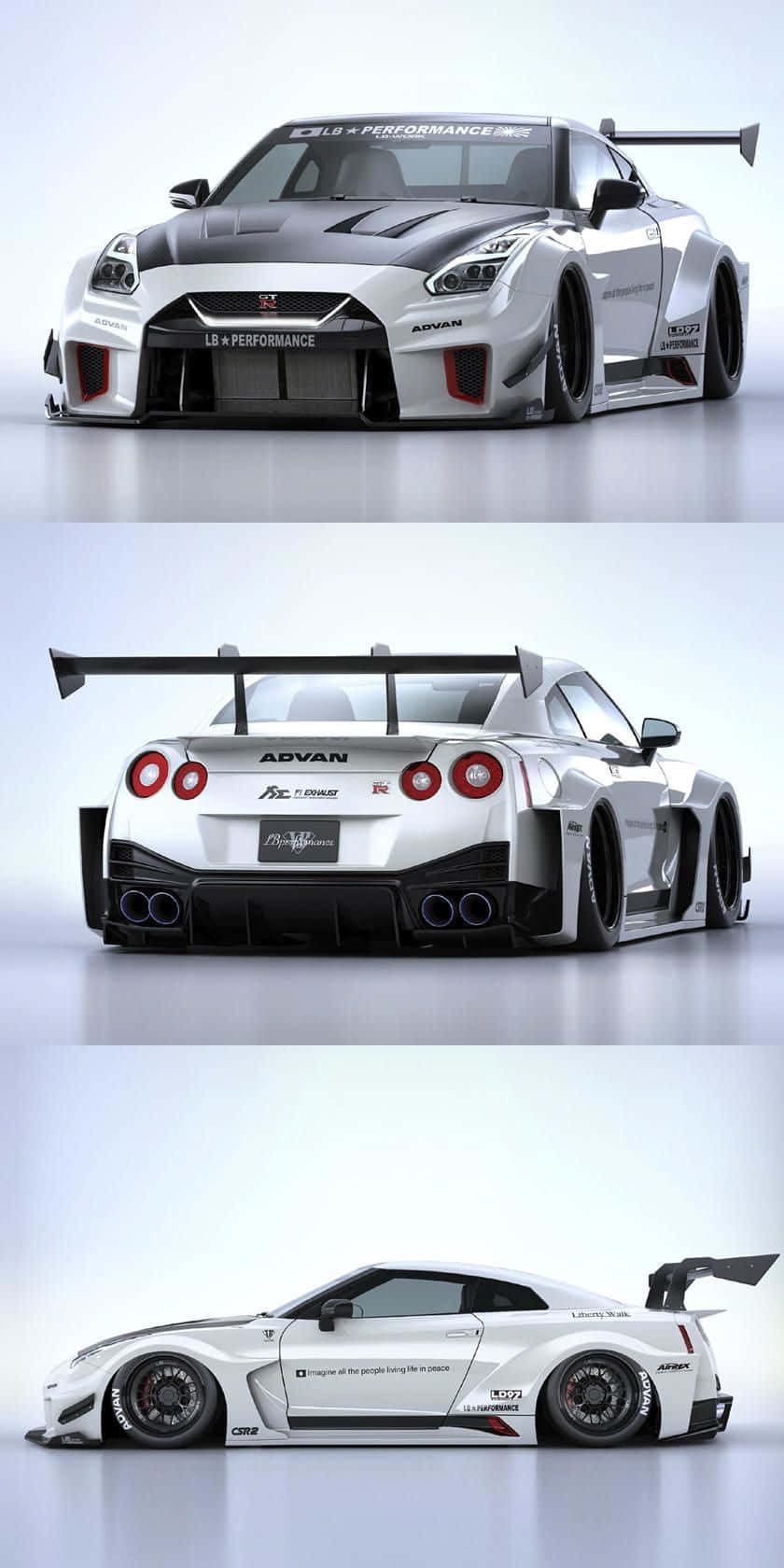 Nissan 桌布 壁紙 — 一輛白色和黑色改裝的日產GT-R賽車，從正面、背面和側面角度展示，背景為乾淨的攝影棚。