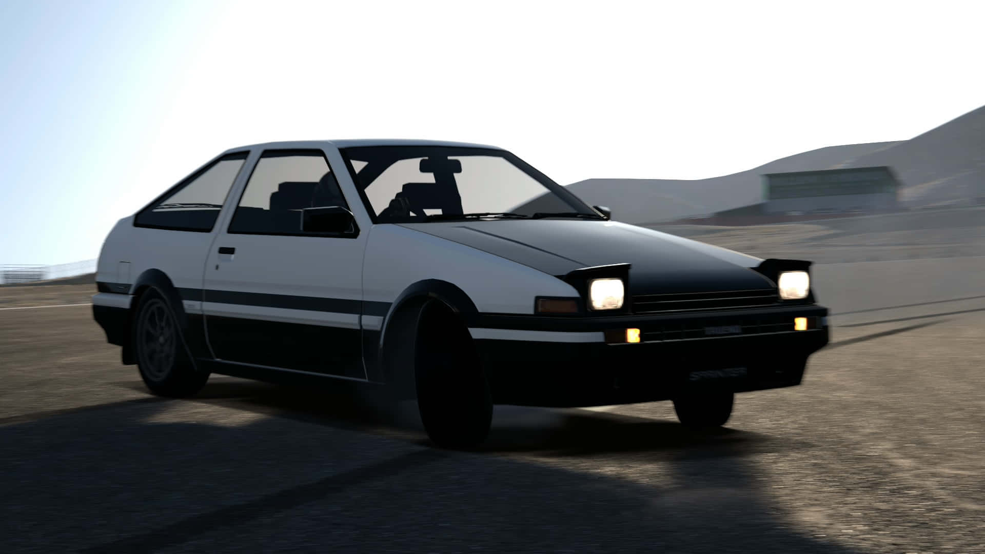 白色和黑色的AE86跑車在沙漠賽道上開著車頭燈競速。 — Toyota Supra Mk4 壁紙