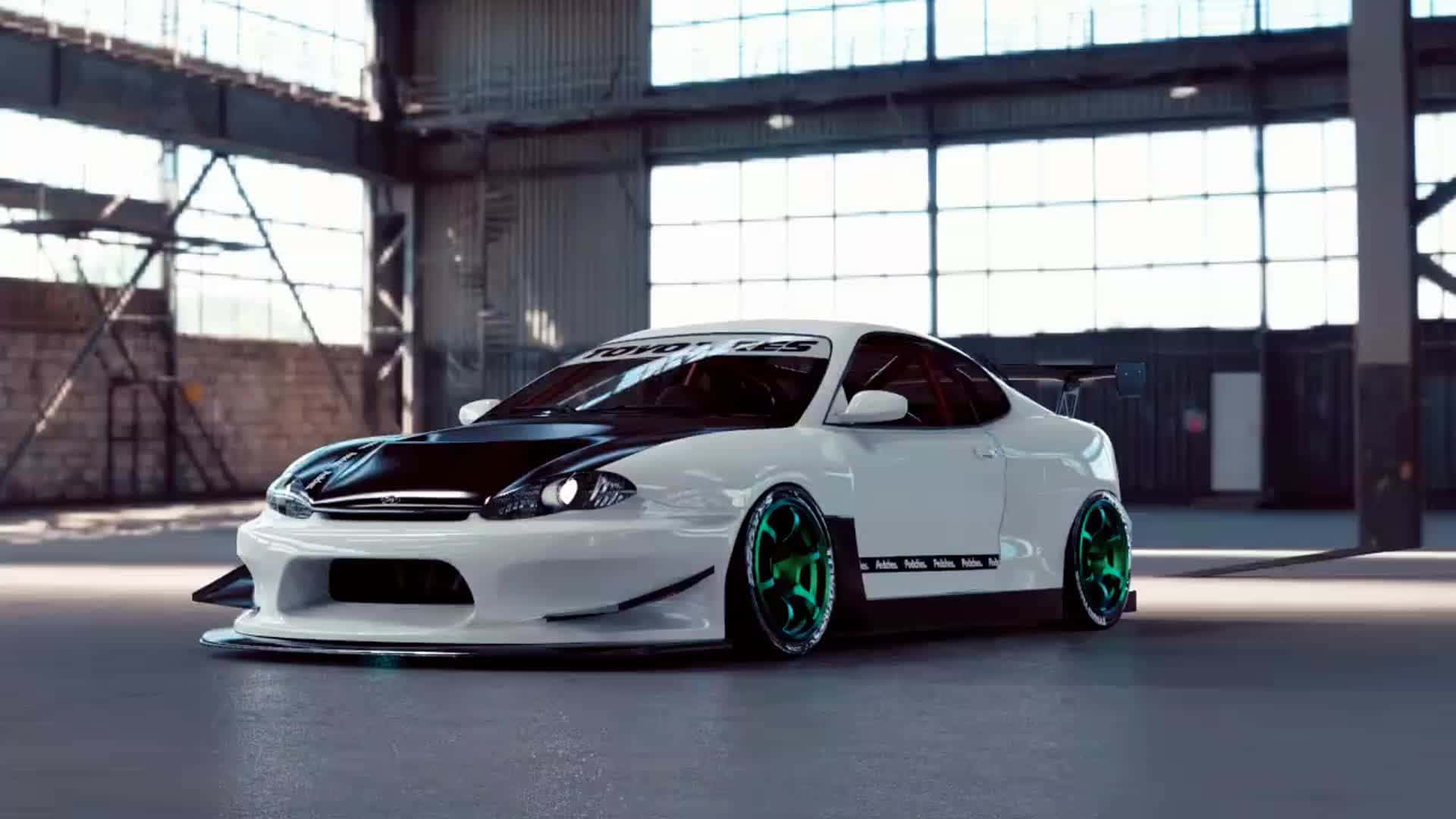 Hyundai Tiburon 桌布 壁紙 — 一輛白色和黑色的改裝跑車，帶有發光的綠色輪胎，停放在陽光明媚的工業倉庫中。