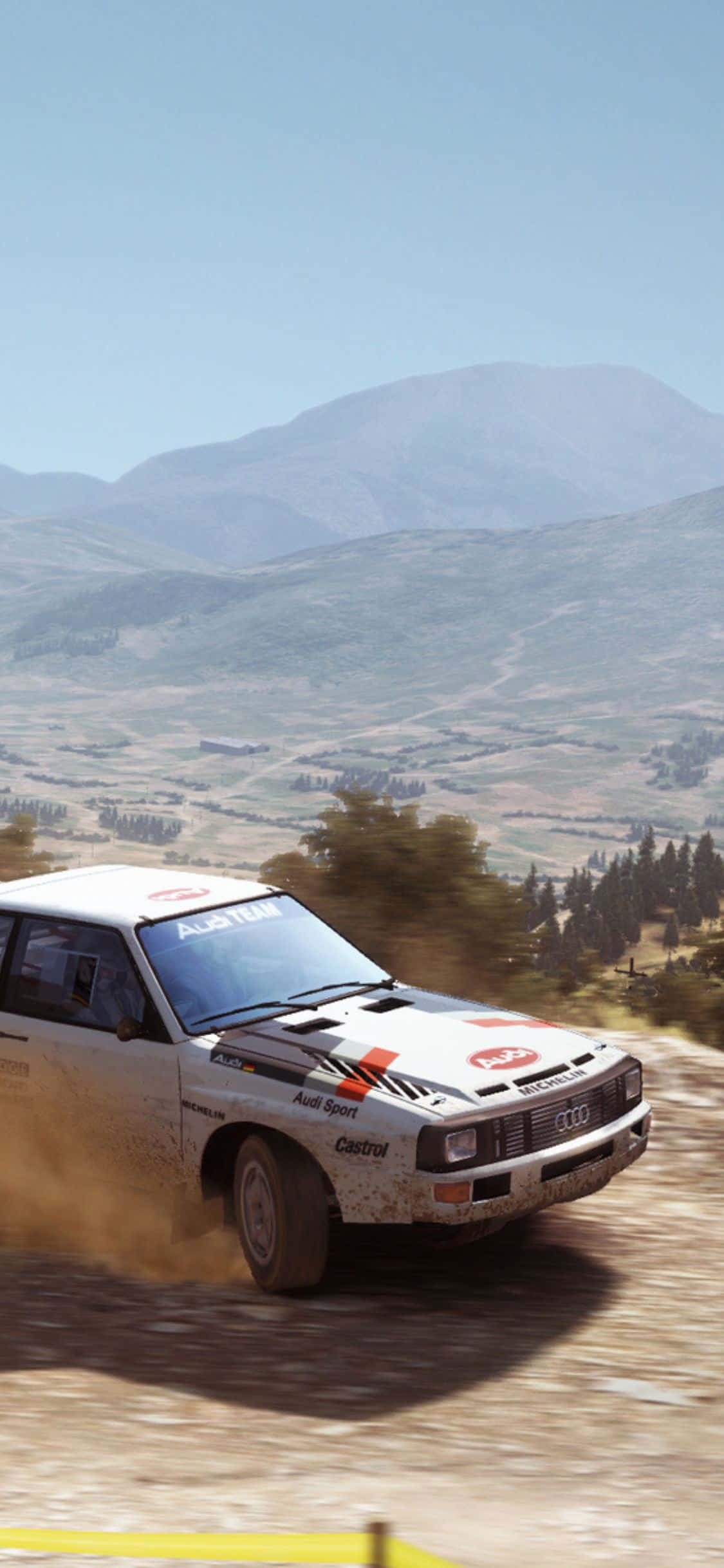 iPhone X Dirt Rally 桌布 壁紙 — 一輛白色奧迪拉力賽車在陽光明媚的山區景觀中沿著泥土路疾馳，揚起灰塵。