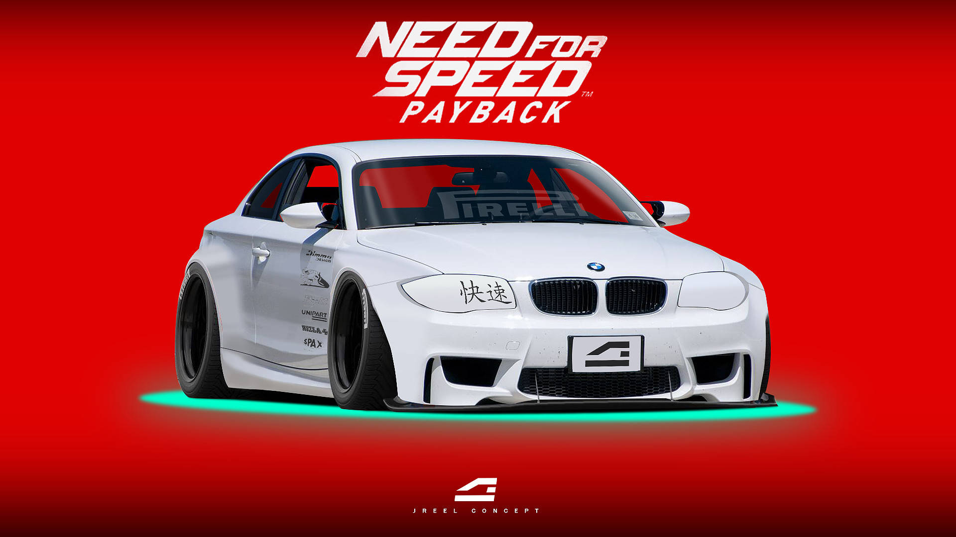 Payback 桌布 壁紙 — 一輛白色寶馬賽車帶有綠色底盤燈和引擎蓋上的中文字，在鮮紅色背景上與 'Need for Speed Payback' 標誌形成對比。