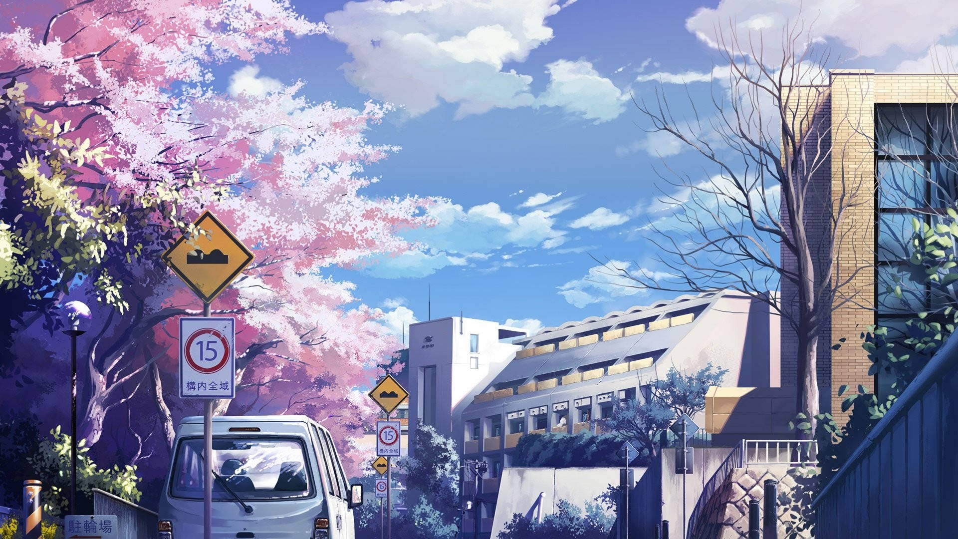 動畫風景 桌布 壁紙 — 一輛白色廂型車在粉紅色的櫻花下行駛，背景是明亮的藍天和 fluffy 雲朵，呈現日本城市街景。