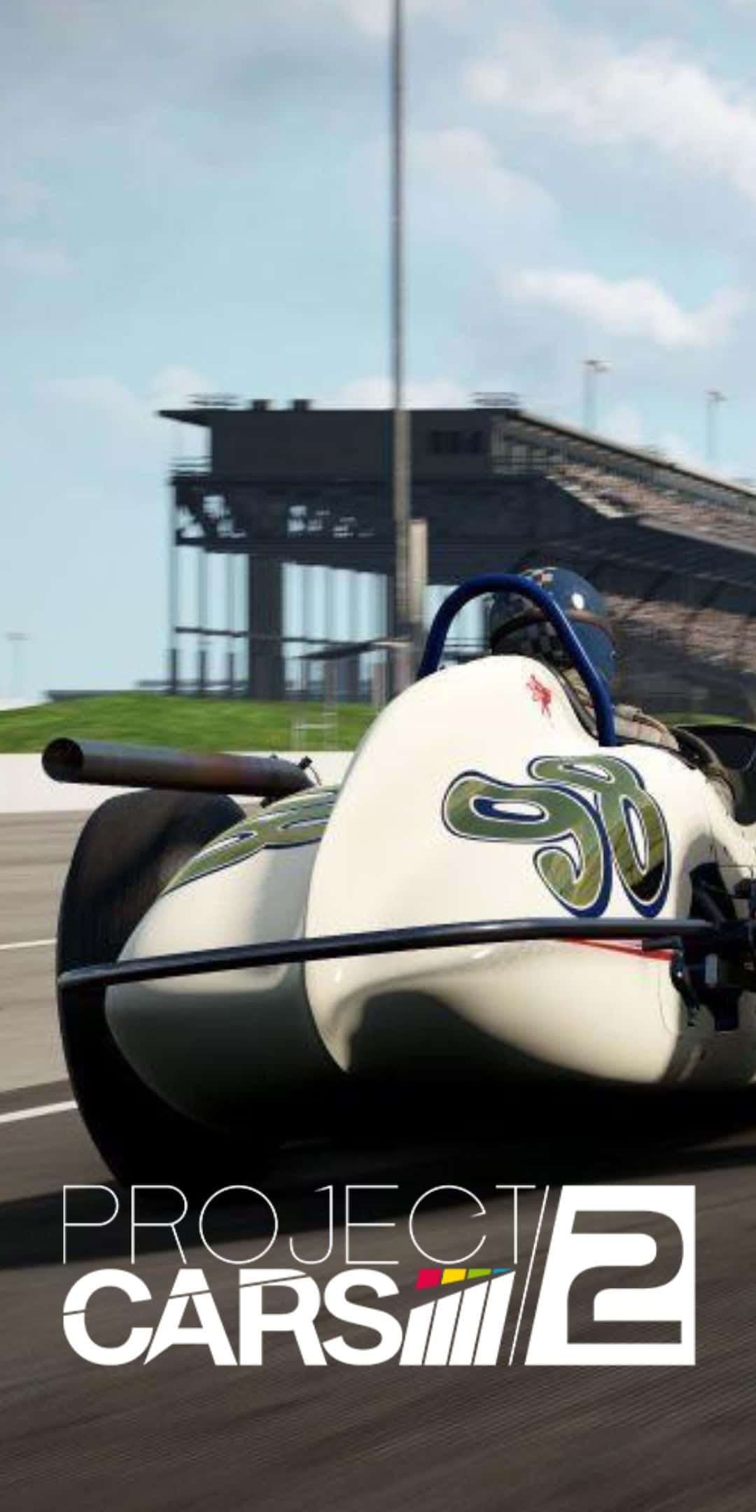 Pixel 3 Project Cars 2 桌布 壁紙 — 一輛白色復古賽車，編號98，在陽光普照的賽道上疾馳，背景是看台。