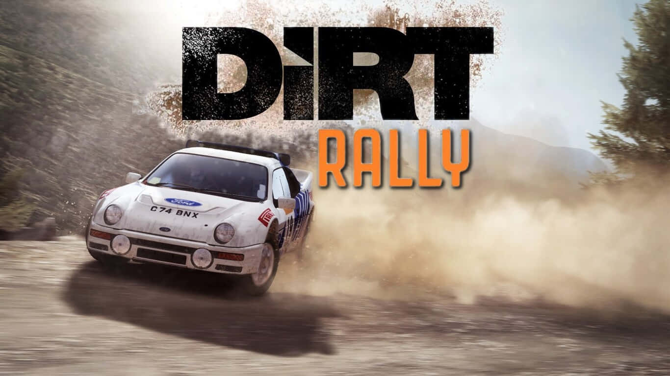 1366x768 Dirt Rally 桌布 壁紙 — 一輛白色拉力賽車在明亮的日光下於森林賽道上揚起塵土，並覆蓋有'DIRT RALLY'標題。