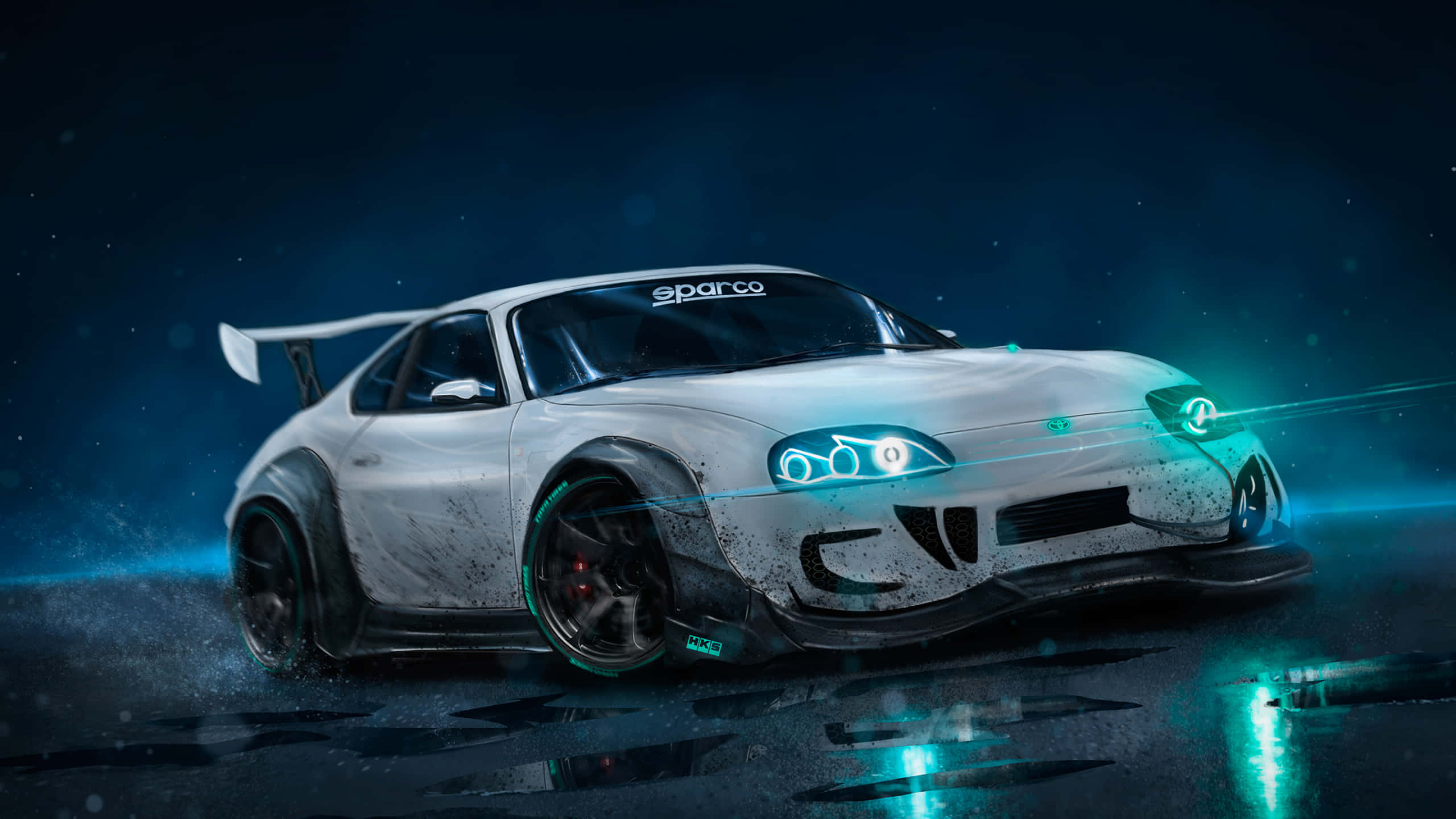 1440p Forza Motorsport 7 桌布 壁紙 — 一輛白色改裝跑車，帶有發光的藍色車頭燈，在雨夜街道上疾馳，反射著霓虹燈光。