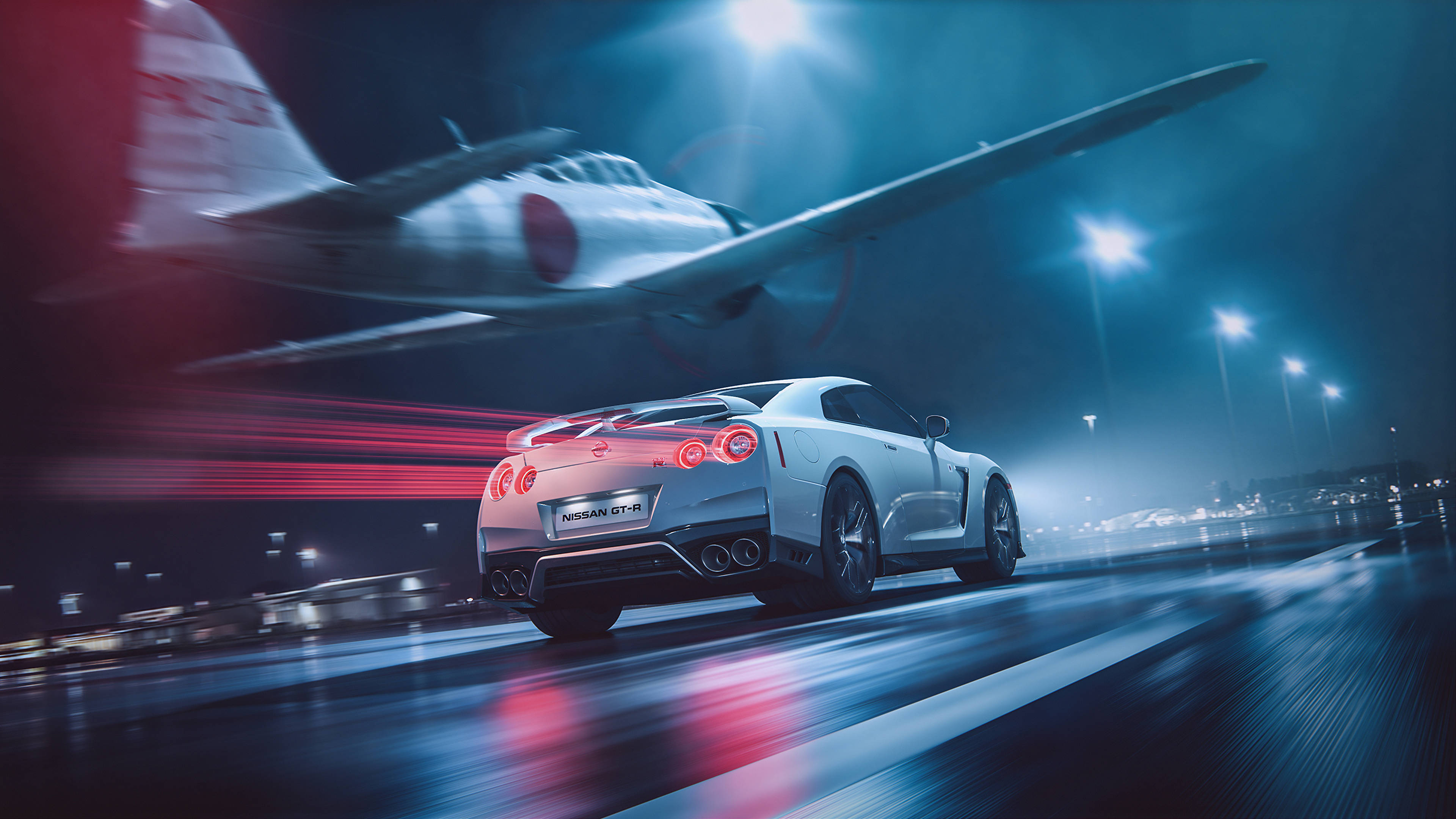 Nissan 桌布 壁紙 — 一輛白色日產GT-R在夜間濕滑的道路上奔馳，一架復古日本戰鬥機在上空飛過，留下紅色尾焰痕跡。