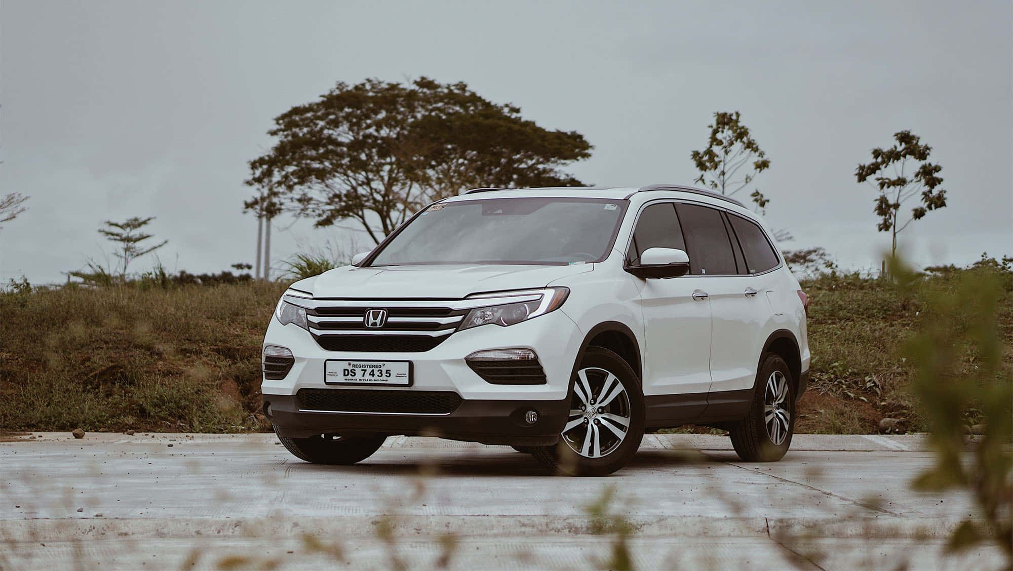 Honda Pilot 桌布 壁紙 — 一輛白色本田SUV停放在混凝土表面上，背景有稀疏的樹木和陰天。