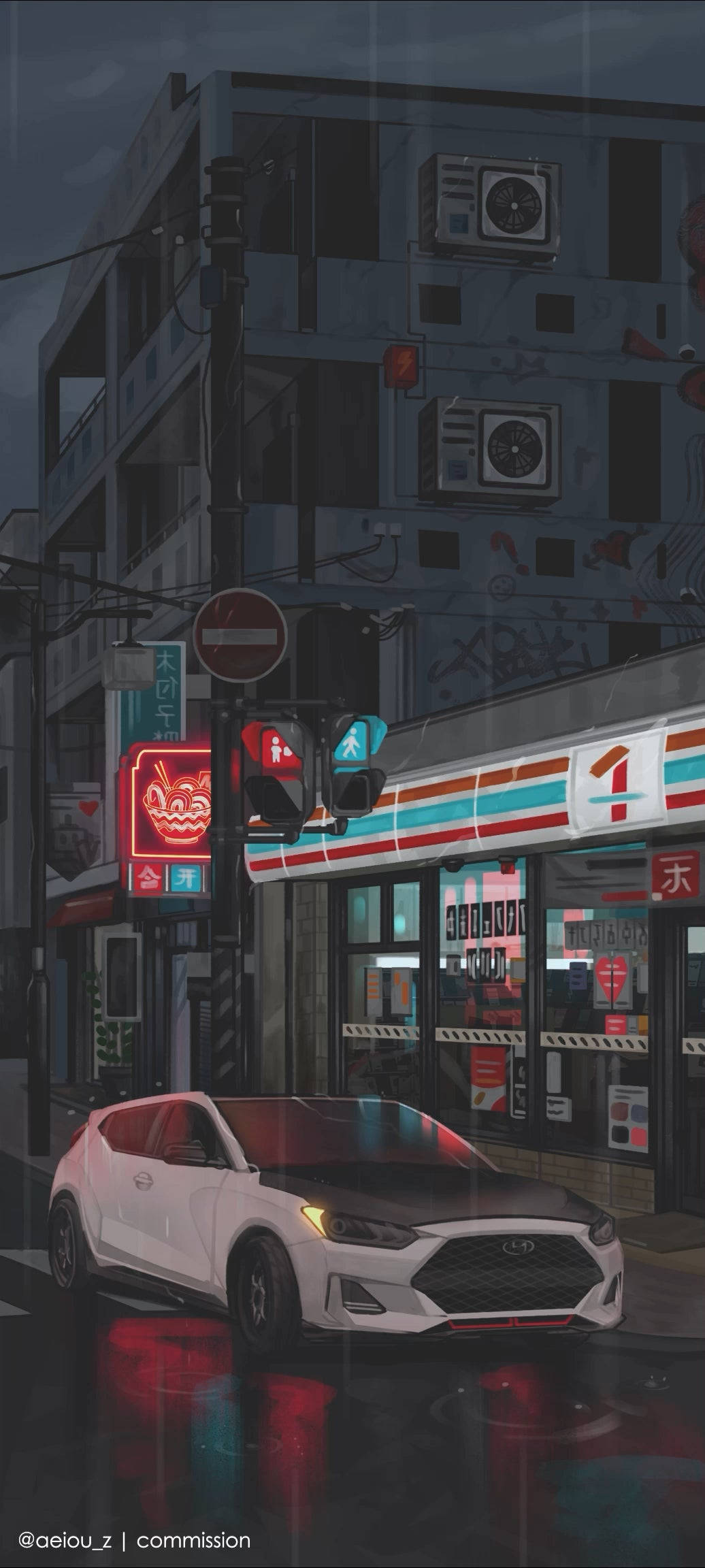 Lo Fi iPhone 桌布 壁紙 — 一輛白色汽車在雨夜的日本城市小巷中，將霓虹燈招牌反射在濕漉漉的路面上。
