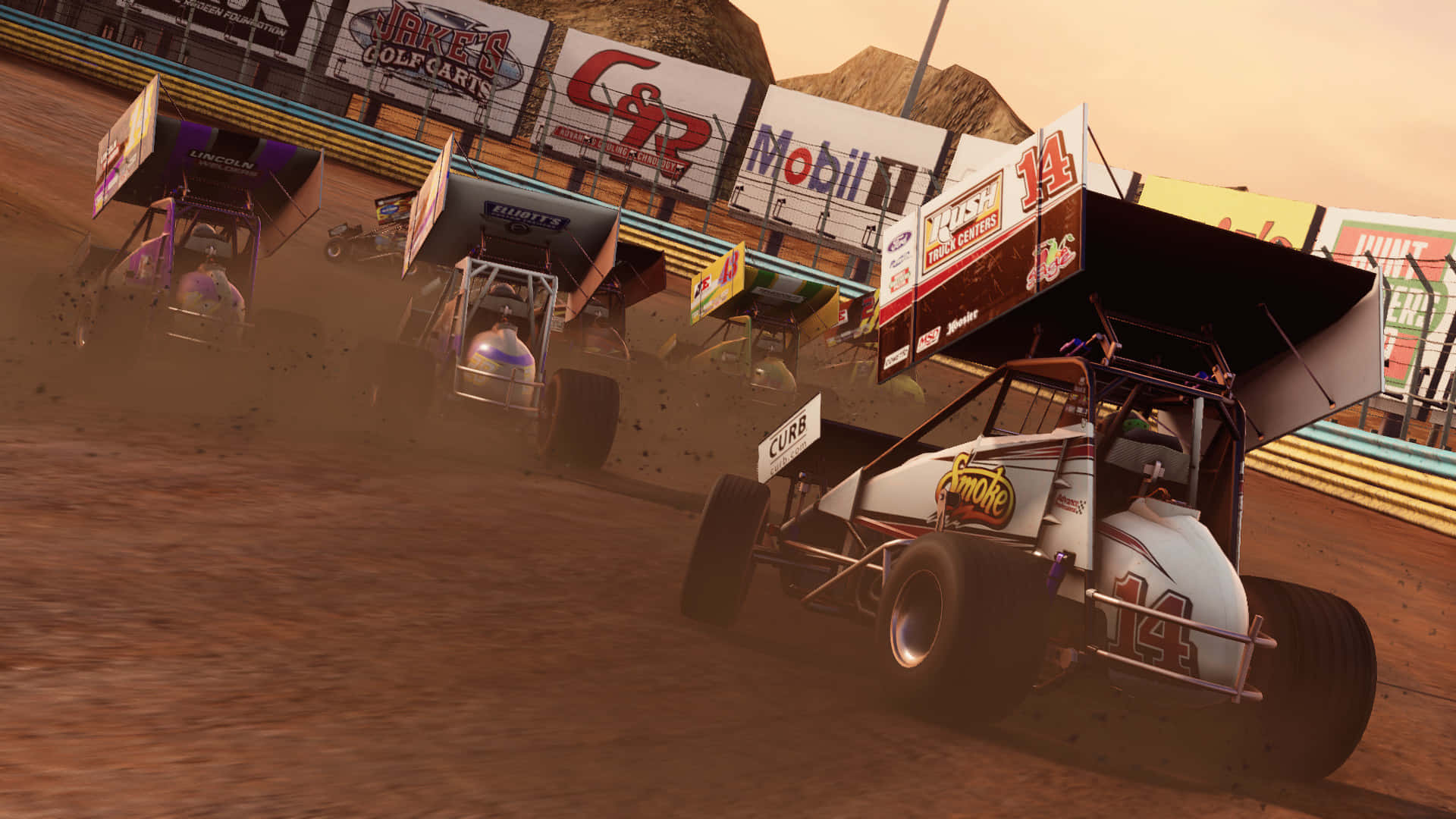 Sprint Car Racing 桌布 壁紙 — 一輛白色泥地賽車，編號14，在泥地比賽中加速超越對手，揚起灰塵。