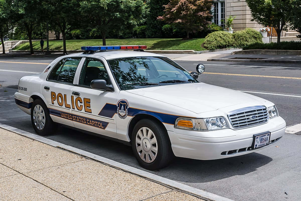 Police Car 桌布 壁紙 — 一輛白色的美國國會警察車停在陽光明媚的城市街道上，背景有樹木和建築物。