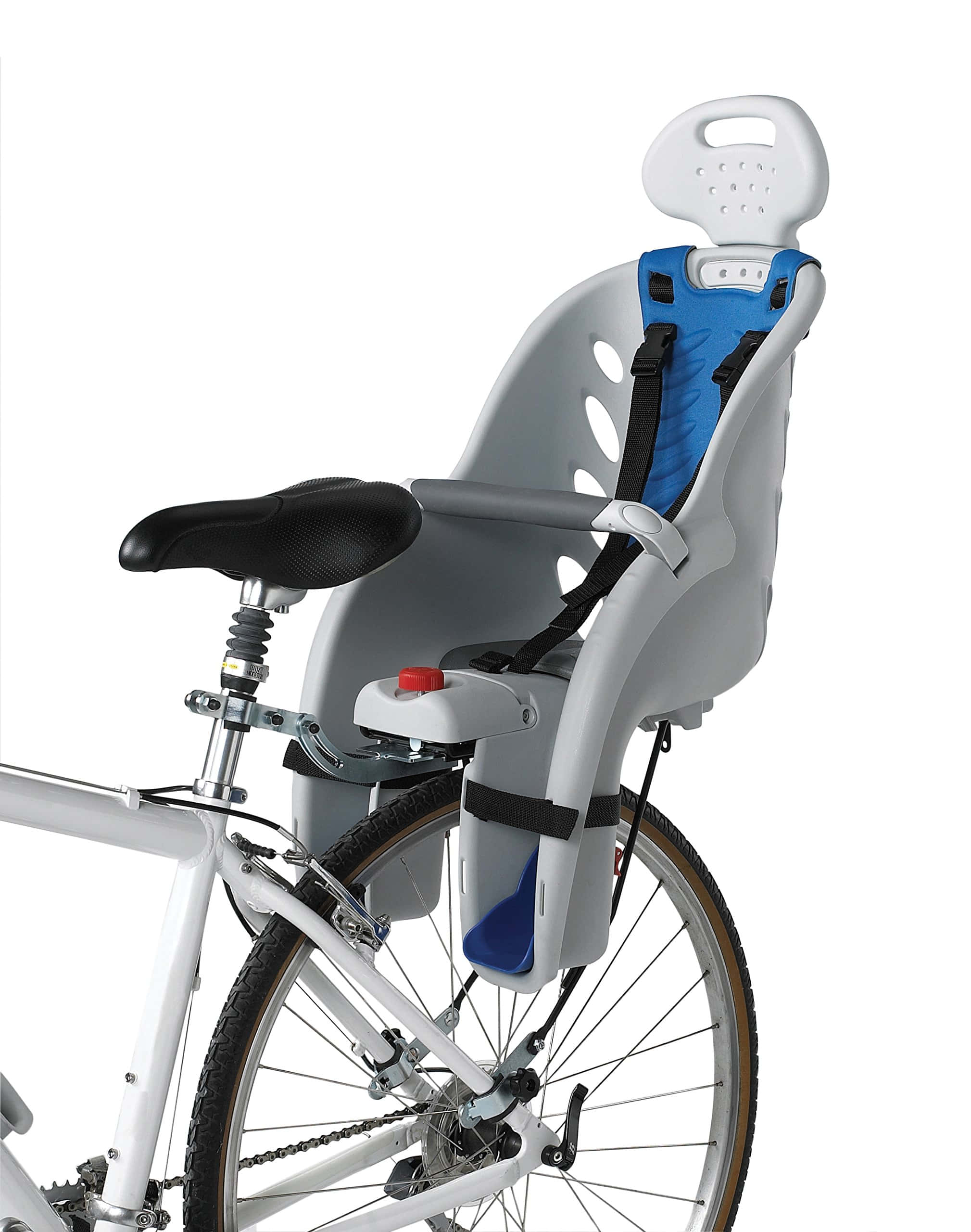 Bicycle 桌布 壁紙 — 一輛白色自行車，後架上安裝了一個灰色和藍色的兒童座椅，背景為純白色。