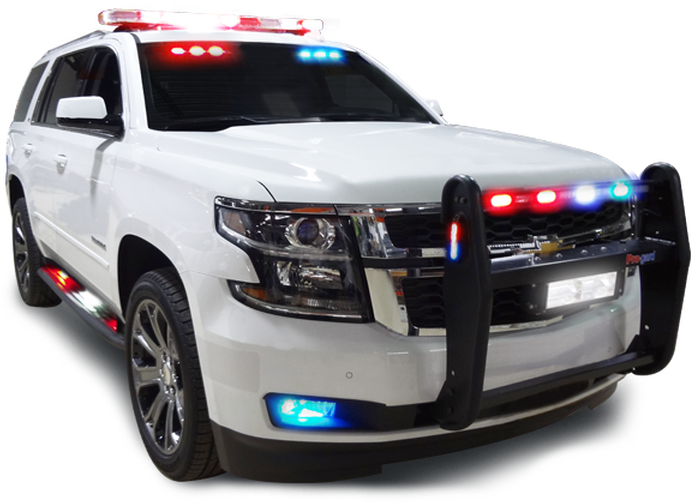Vehicle 桌布 壁紙 — 一輛白色警用SUV，車頂、格柵和保險桿上閃爍著紅色和藍色燈光，背景為黑色。