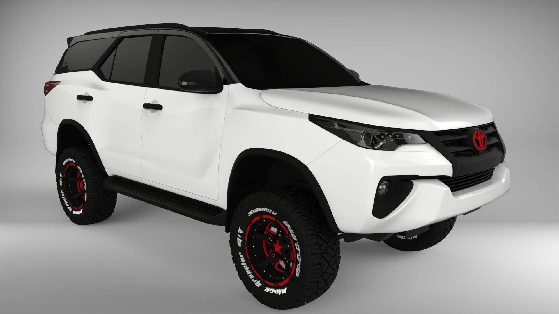 Toyota 桌布 壁紙 — 一輛白色豐田SUV，帶有黑色飾邊和紅色輪圈，在灰色工作室背景前靜立。