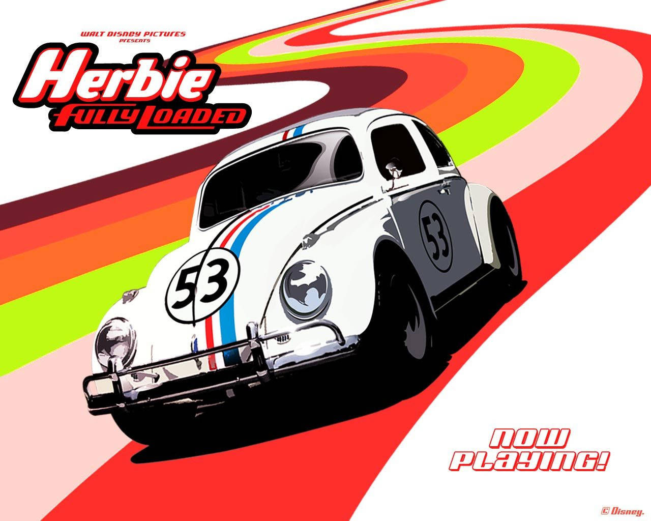 Herbie 桌布 壁紙 — 一輛白色賽車，編號53，在充滿活力的彩虹色賽道上疾馳，這是一張動感十足的迪士尼電影海報。