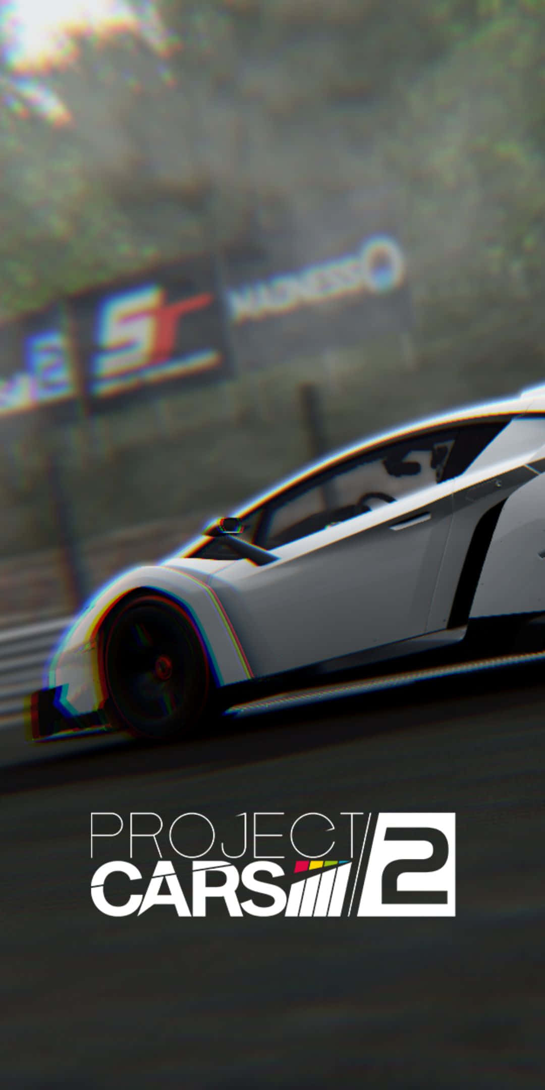 Pixel 3 Project Cars 2 桌布 壁紙 — 一輛白色賽車在潮濕的賽道上疾馳，帶有動態模糊效果，前景有「Project CARS 2」標誌。