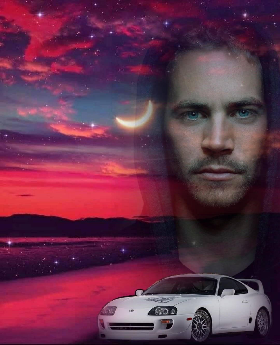 Paul Walker 桌布 壁紙 — 一輛白色跑車停放在充滿活力的紅色和紫色星空下，星空中有新月，並疊加了一個藍眼睛男人的半透明肖像。