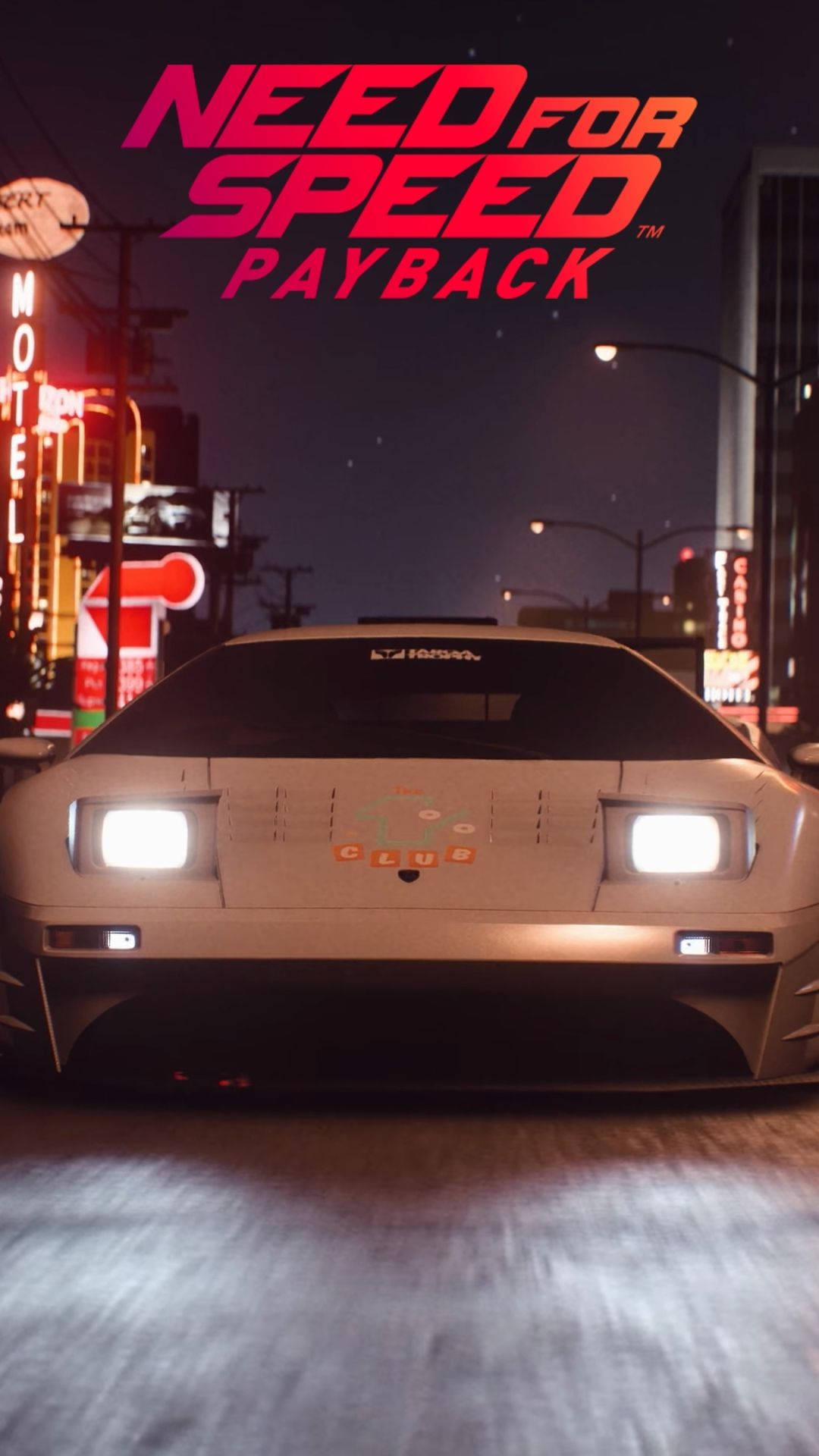 need for speed iPhone 桌布 壁紙 — 一輛白色跑車在夜晚的霓虹燈城市街道上奔馳，車頭燈閃閃發光，上方有『Need for Speed Payback』標題。