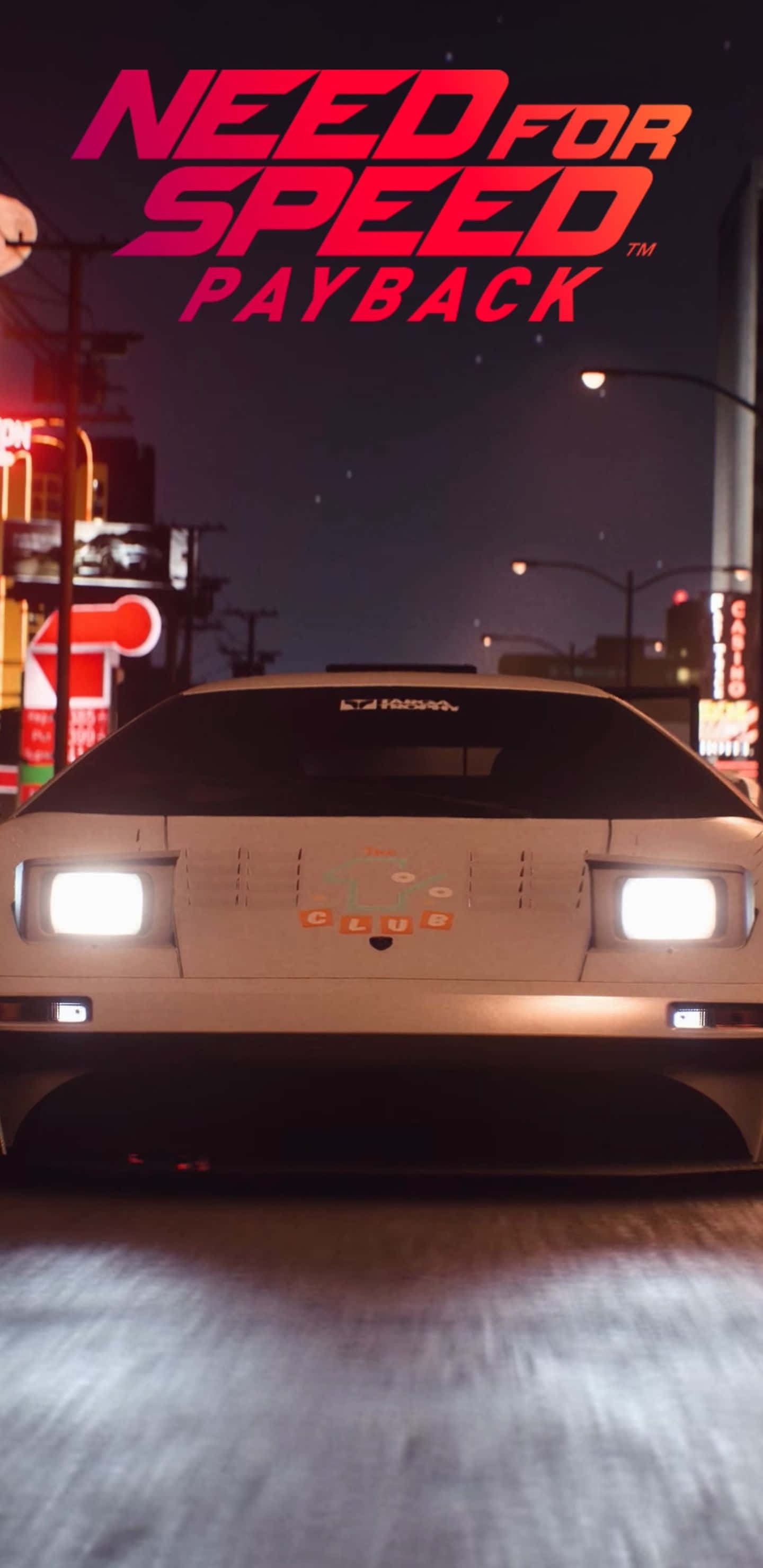 Pixel 3xl Need For Speed Payback 桌布 壁紙 — 一輛白色跑車在夜間穿過霓虹燈照亮的城市街道，上方有 'Need for Speed Payback' 標誌。