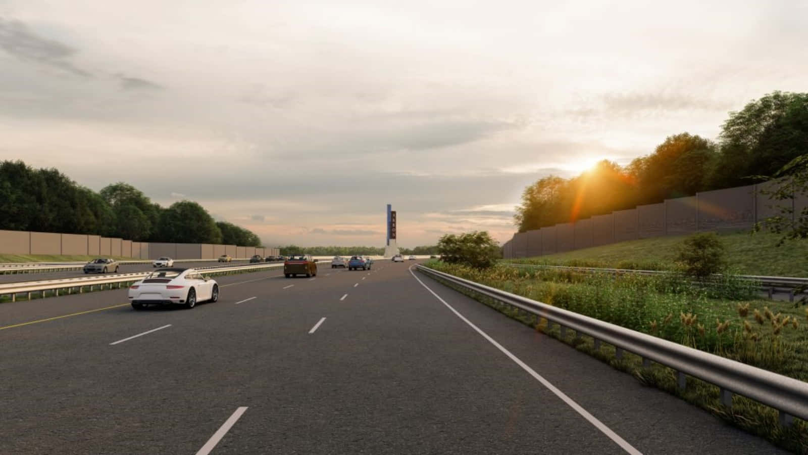 Highways 桌布 壁紙 — 一輛白色跑車在日落時分行駛在多車道高速公路上，金色光線穿過樹木和雲層。