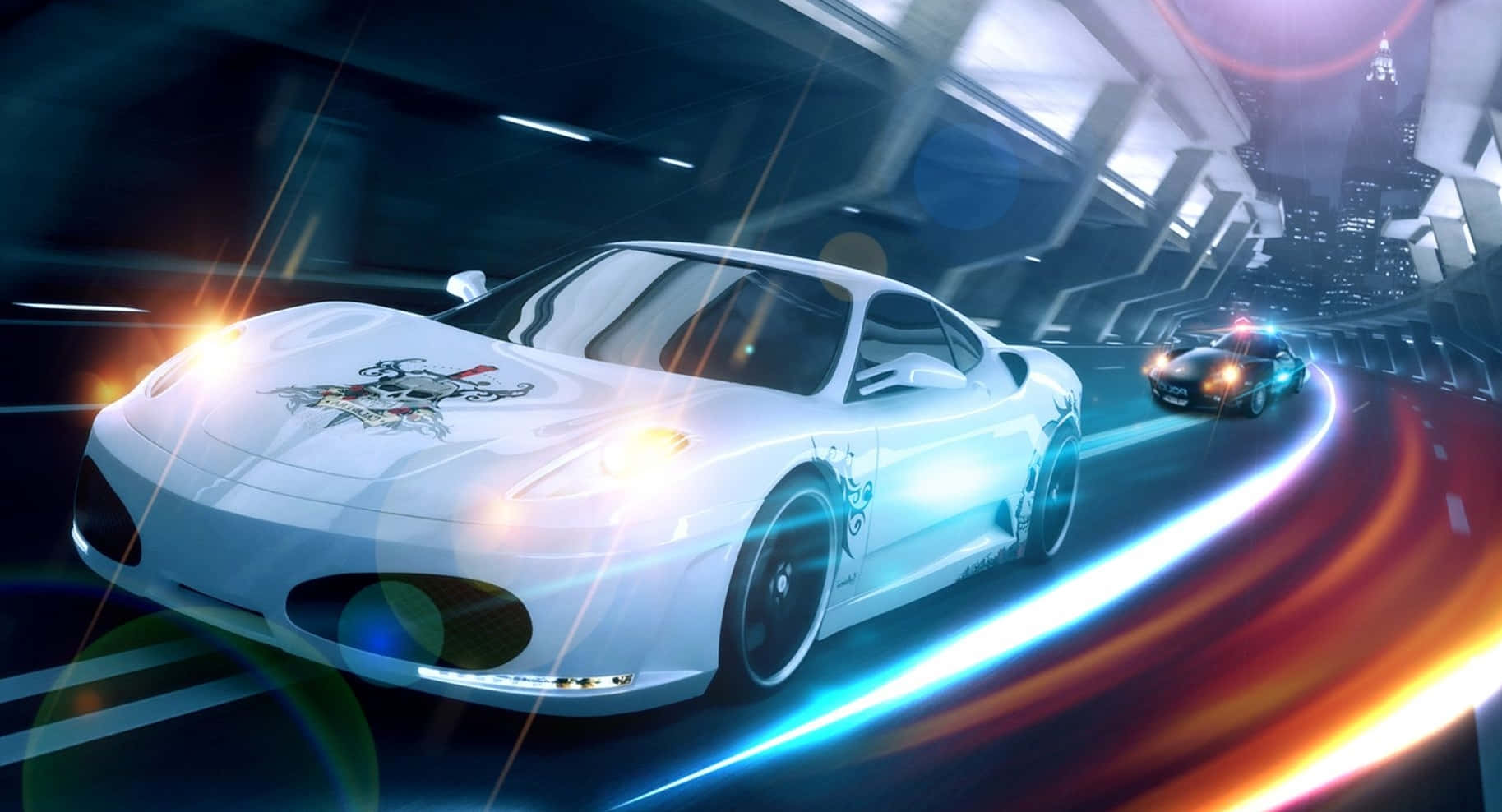 cars 桌布 壁紙 — 一輛白色跑車在霓虹燈閃爍的未來風格隧道中飛馳，後面有警車追捕。