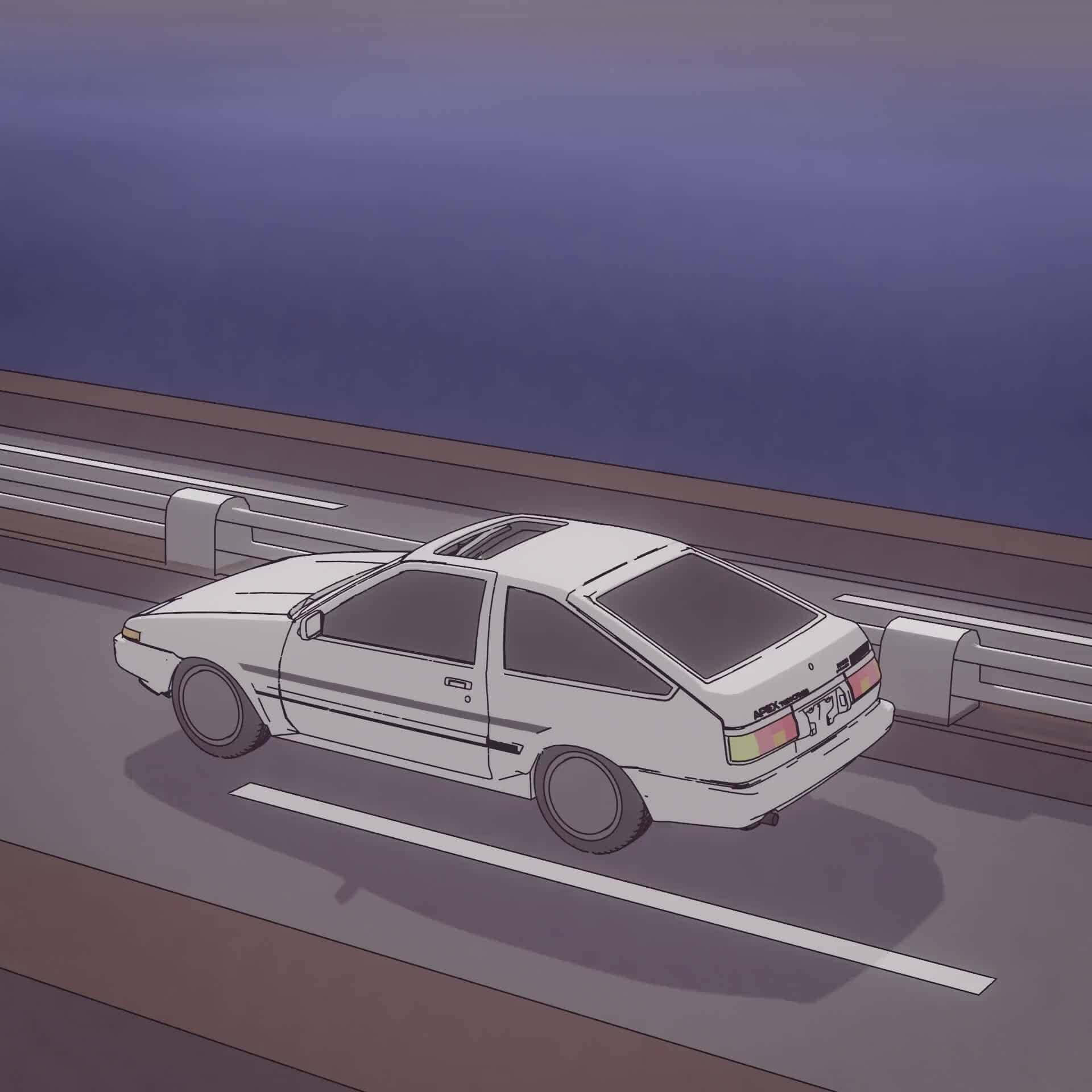 桌布 壁紙 — 一輛白色跑車在黃昏時分沿著高速公路行駛，天空呈現紫色，並有護欄。