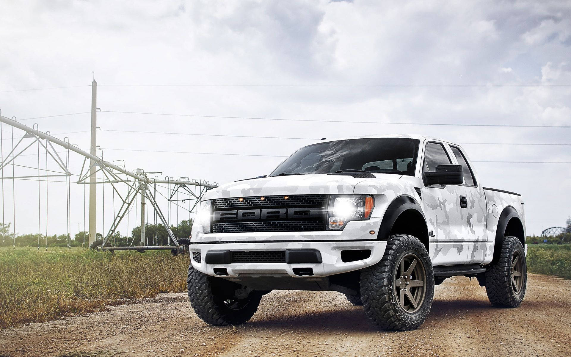 Raptor 桌布 壁紙 — 一輛白色迷彩福特F-150皮卡車，配備大型輪胎，停泊在泥路旁，旁邊有一個大型灌溉系統，天空多雲。