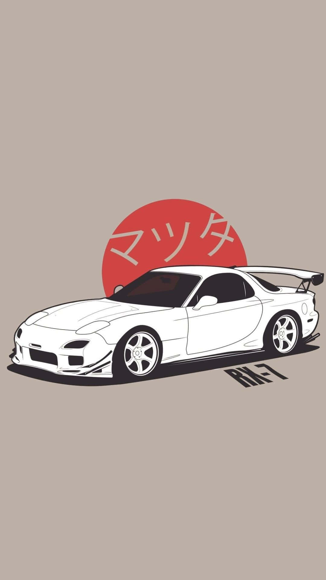 動漫 桌布 壁紙 — 一輛白色馬自達RX-7跑車，背後有紅色太陽和日文字，背景為米色。