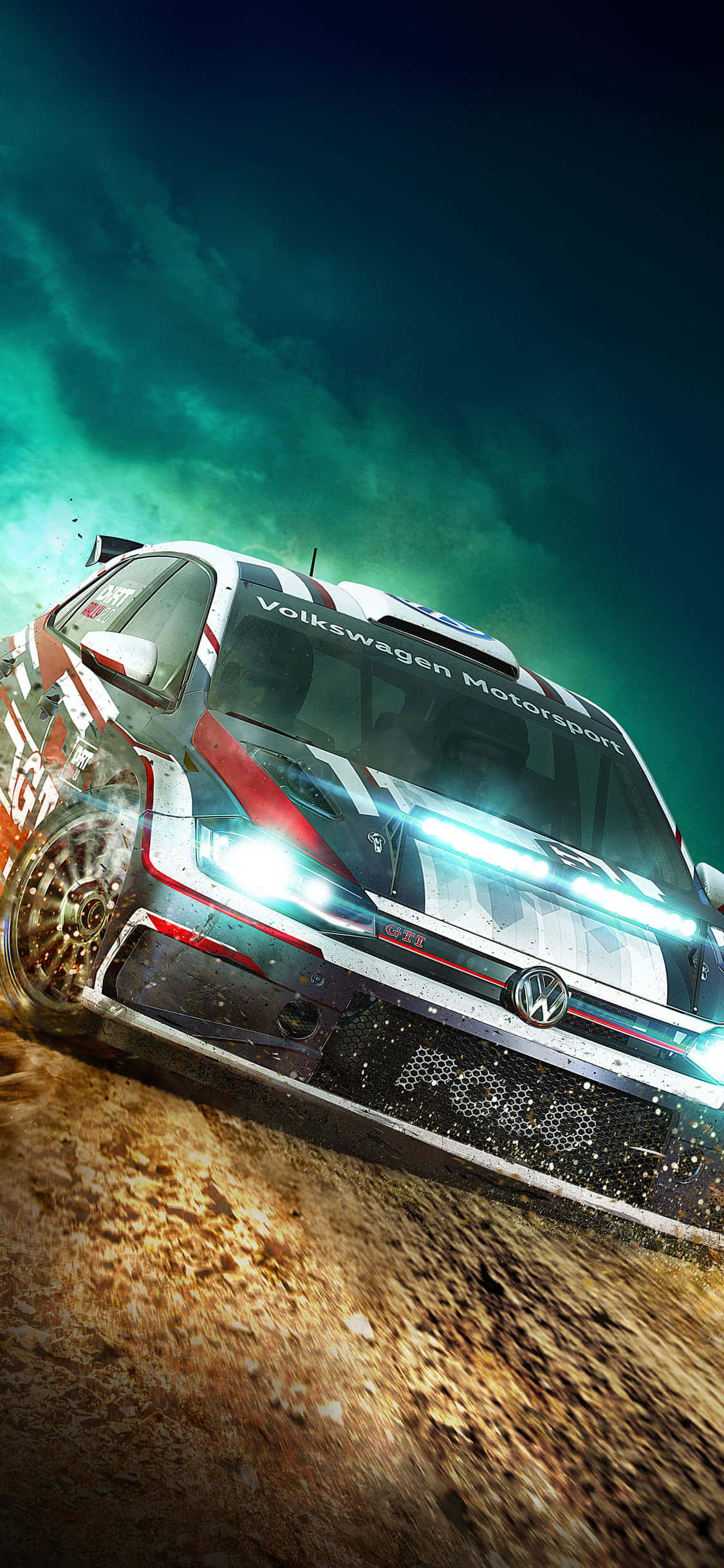 iPhone Xs Dirt Rally 桌布 壁紙 — 一輛福斯汽車拉力賽車在發光的綠色天空下揚起塵土飛馳。